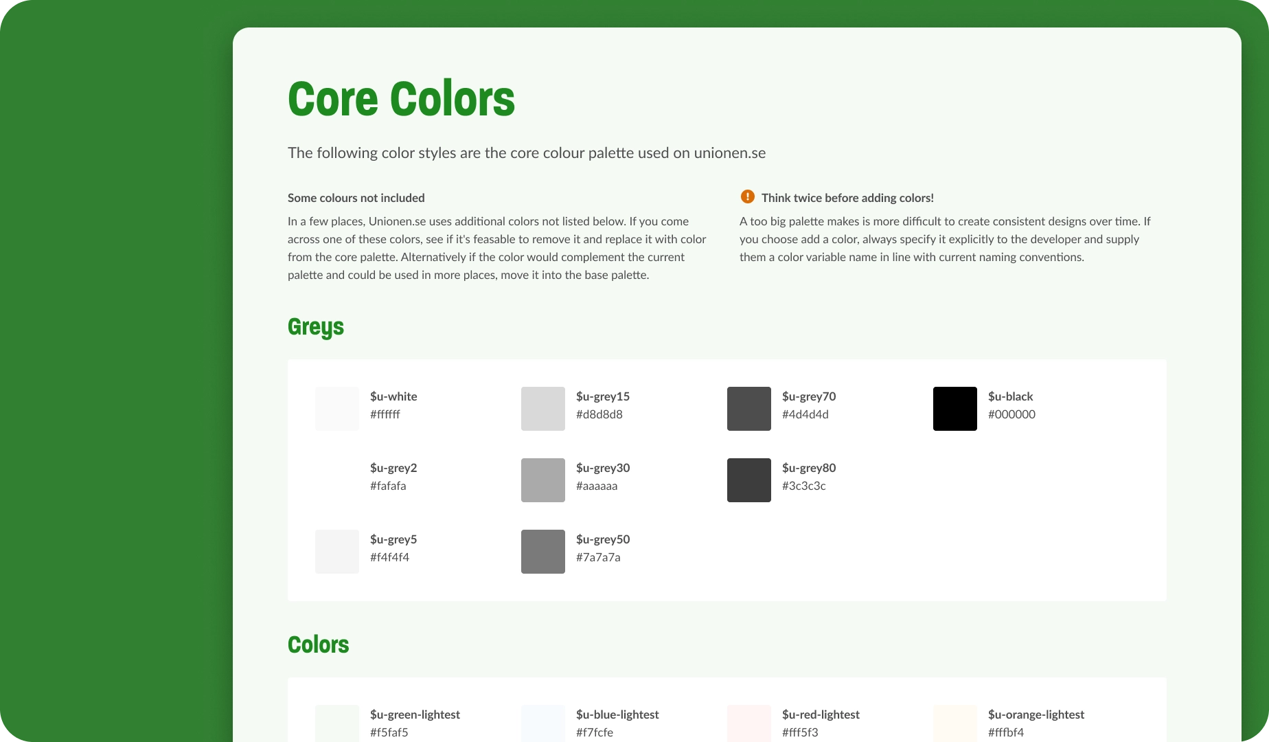 Excerpt from the Color page in the design system